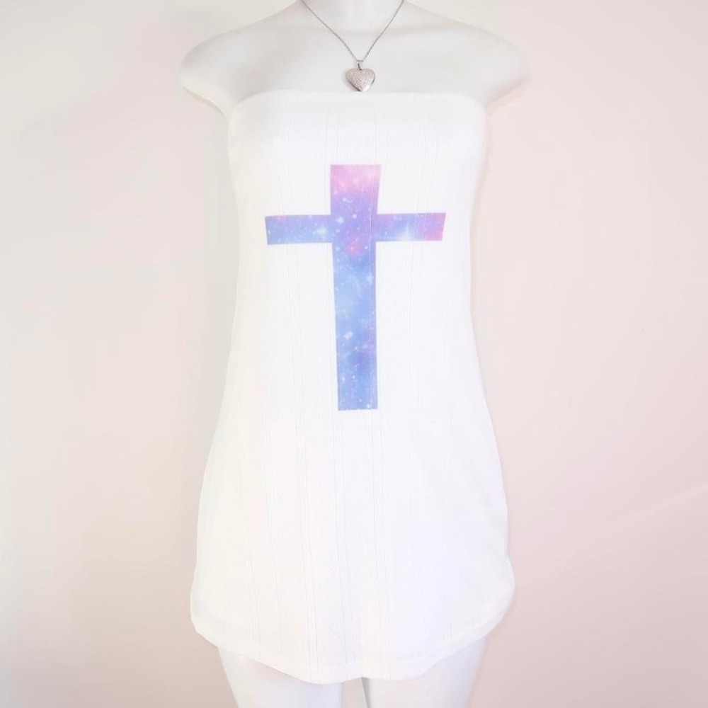 2010s galaxy cross strapless pointelle white ribbed bandeau size S